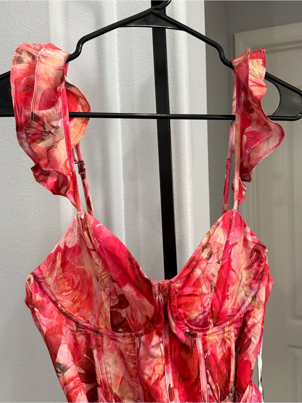Lulus Sweet Like Sangria Pink Floral Ruffled Bustier Midi Dress - Size XL Flirty - Picture 3 of 8